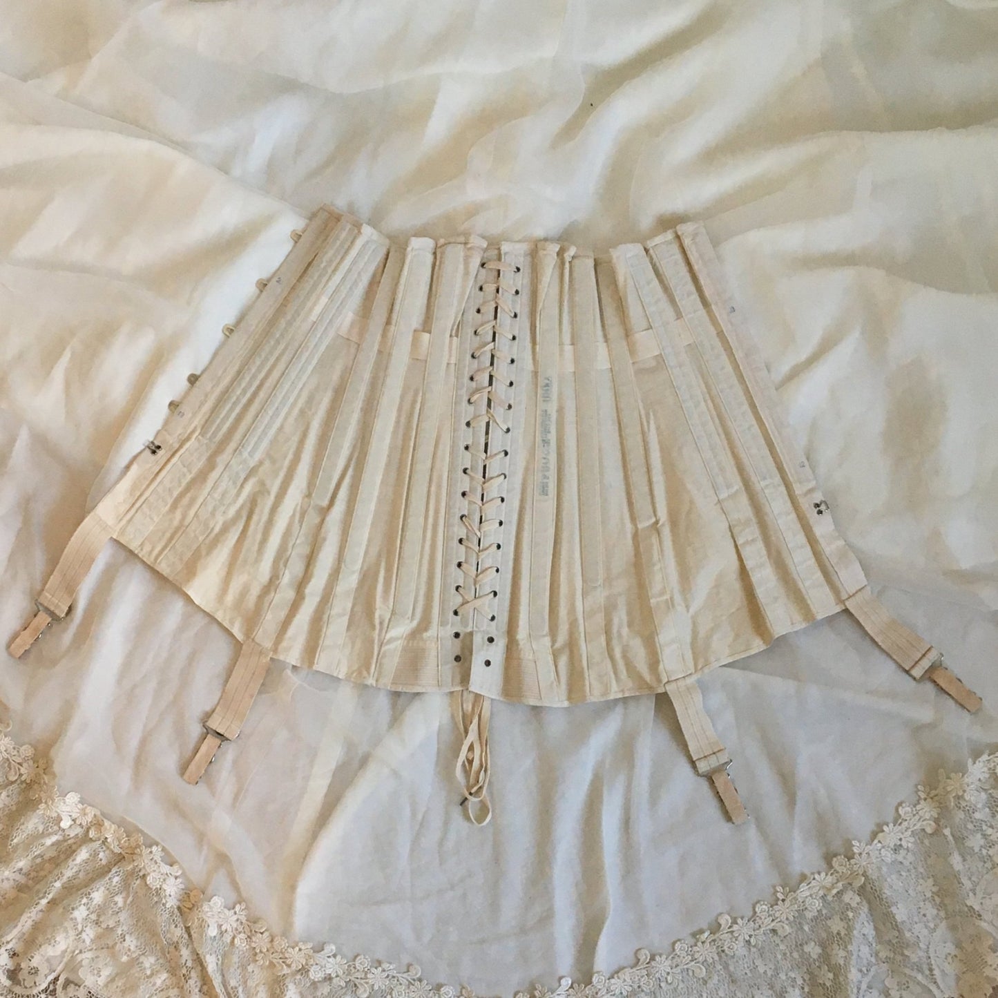 Antique 1910's Edwardian Corset | Beige Cotton with Metal Stays | The Live Model Corset by Kabo | New Old Stock | Size 20 - Daggers & Dames