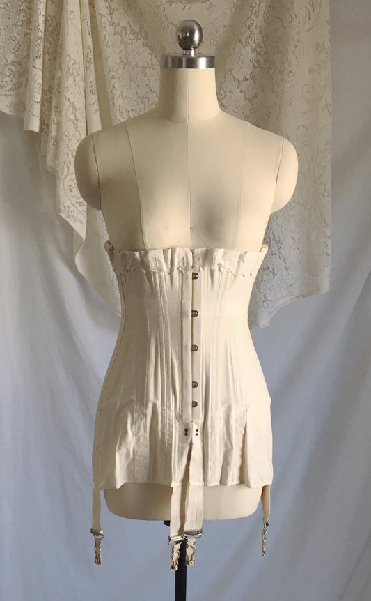 Antique 1910's Edwardian Corset | Beige Cotton with Metal Stays | The Live Model Corset by Kabo | New Old Stock | Size 20 - Daggers & Dames