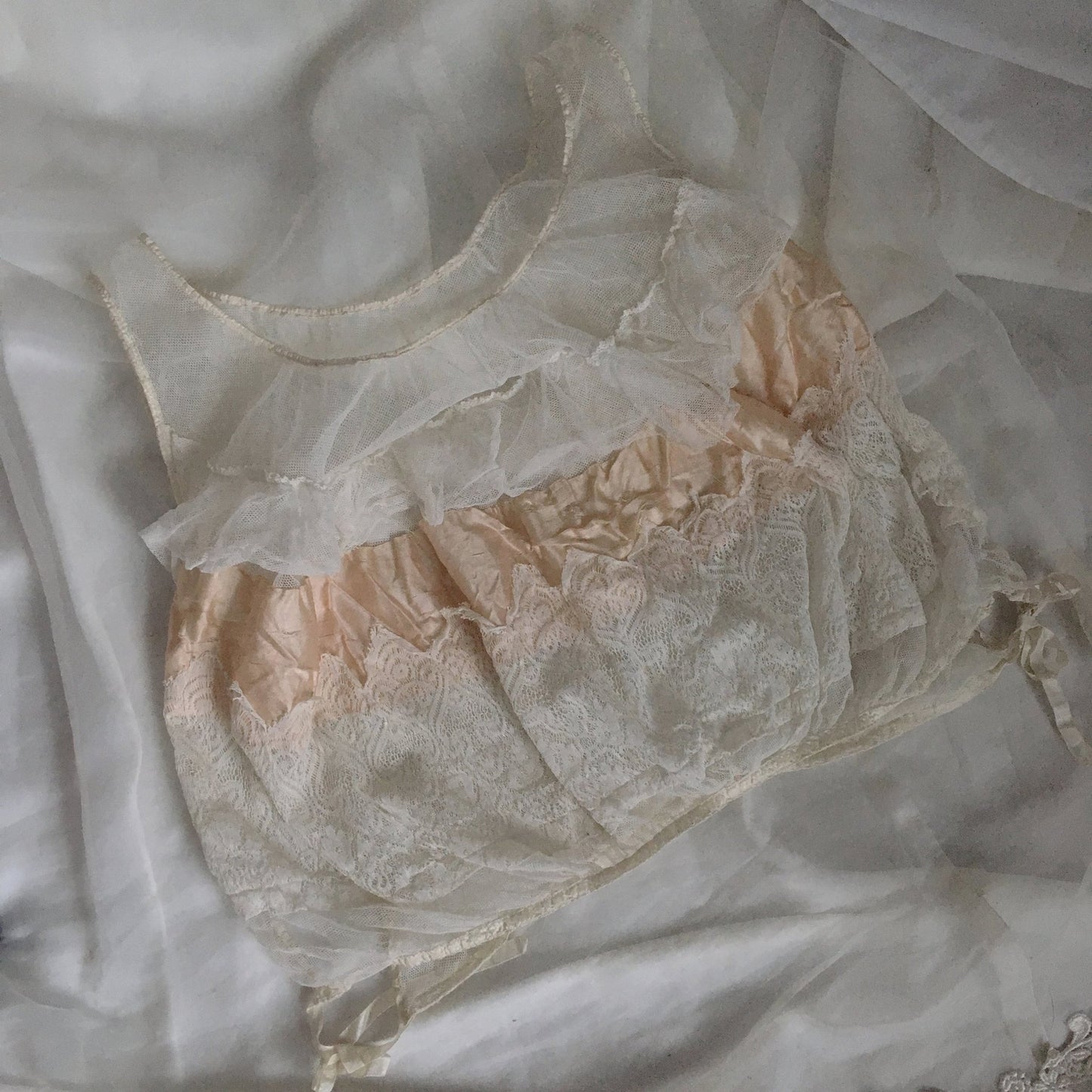 Antique 1910's Edwardian Corset Cover | Sheer White Tulle with Pale Peach Silk | Size XXS, XS - Daggers & Dames