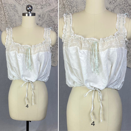 Antique 1910's Edwardian Corset Cover | White Cotton Lawn with Ruffled Lace & Pale Blue Silk Ribbon | Size XS, S - Daggers & Dames