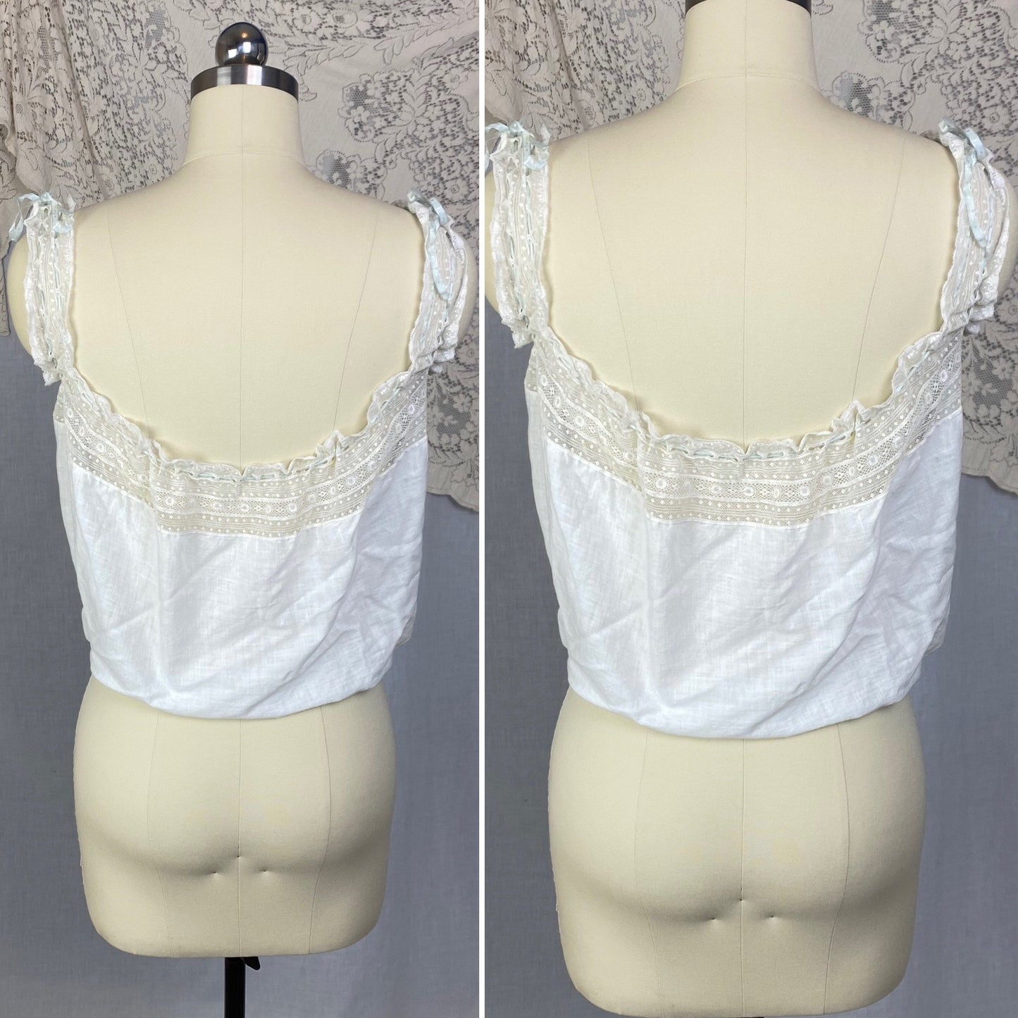 Antique 1910's Edwardian Corset Cover | White Cotton Lawn with Ruffled Lace & Pale Blue Silk Ribbon | Size XS, S - Daggers & Dames