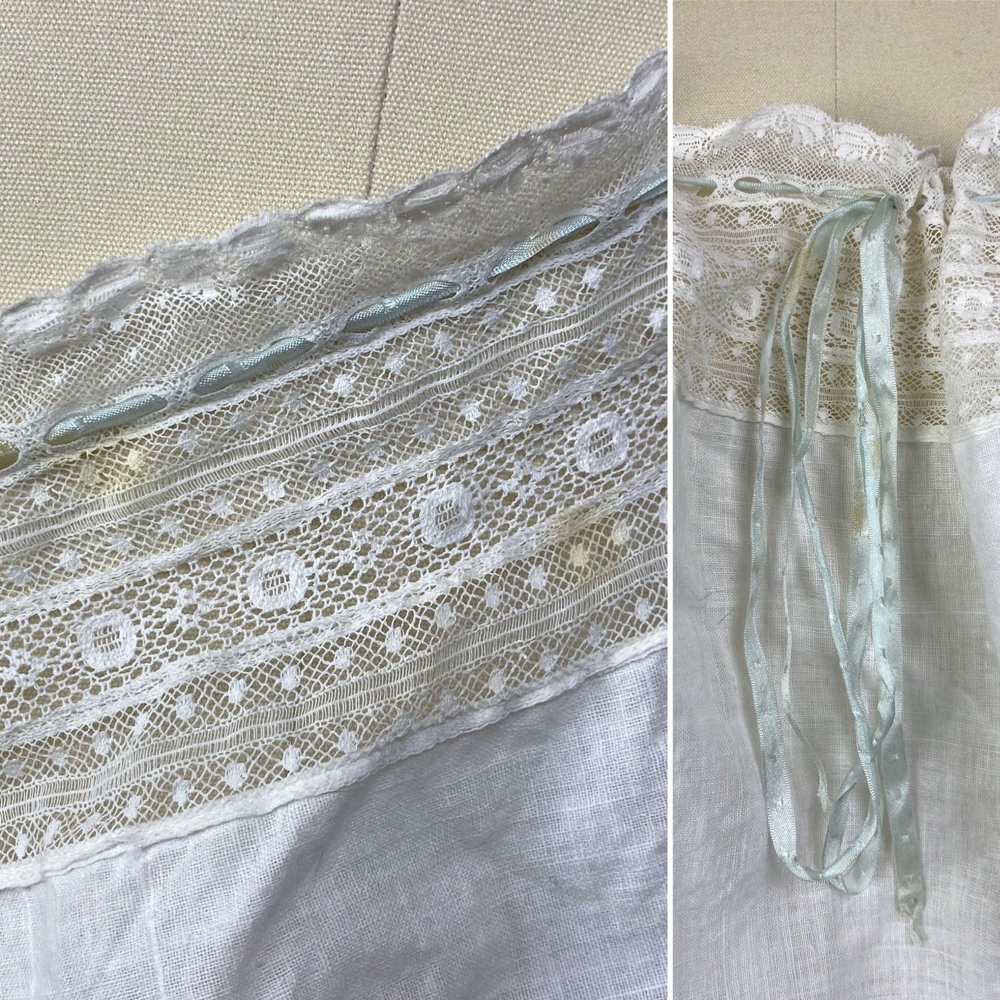 Antique 1910's Edwardian Corset Cover | White Cotton Lawn with Ruffled Lace & Pale Blue Silk Ribbon | Size XS, S - Daggers & Dames