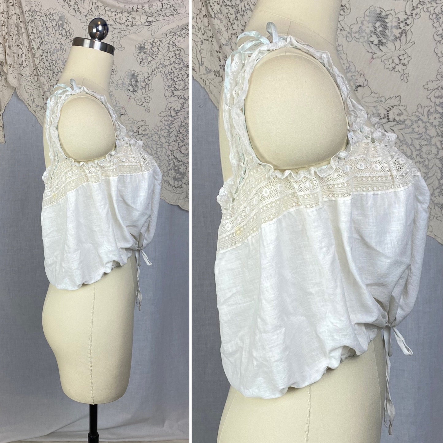Antique 1910's Edwardian Corset Cover | White Cotton Lawn with Ruffled Lace & Pale Blue Silk Ribbon | Size XS, S - Daggers & Dames