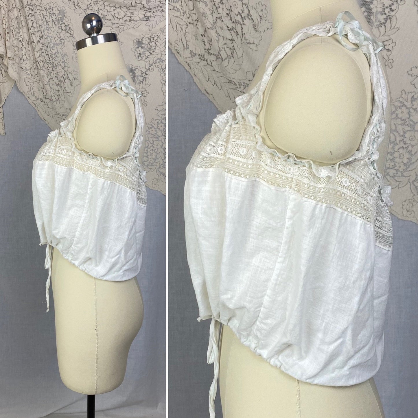 Antique 1910's Edwardian Corset Cover | White Cotton Lawn with Ruffled Lace & Pale Blue Silk Ribbon | Size XS, S - Daggers & Dames