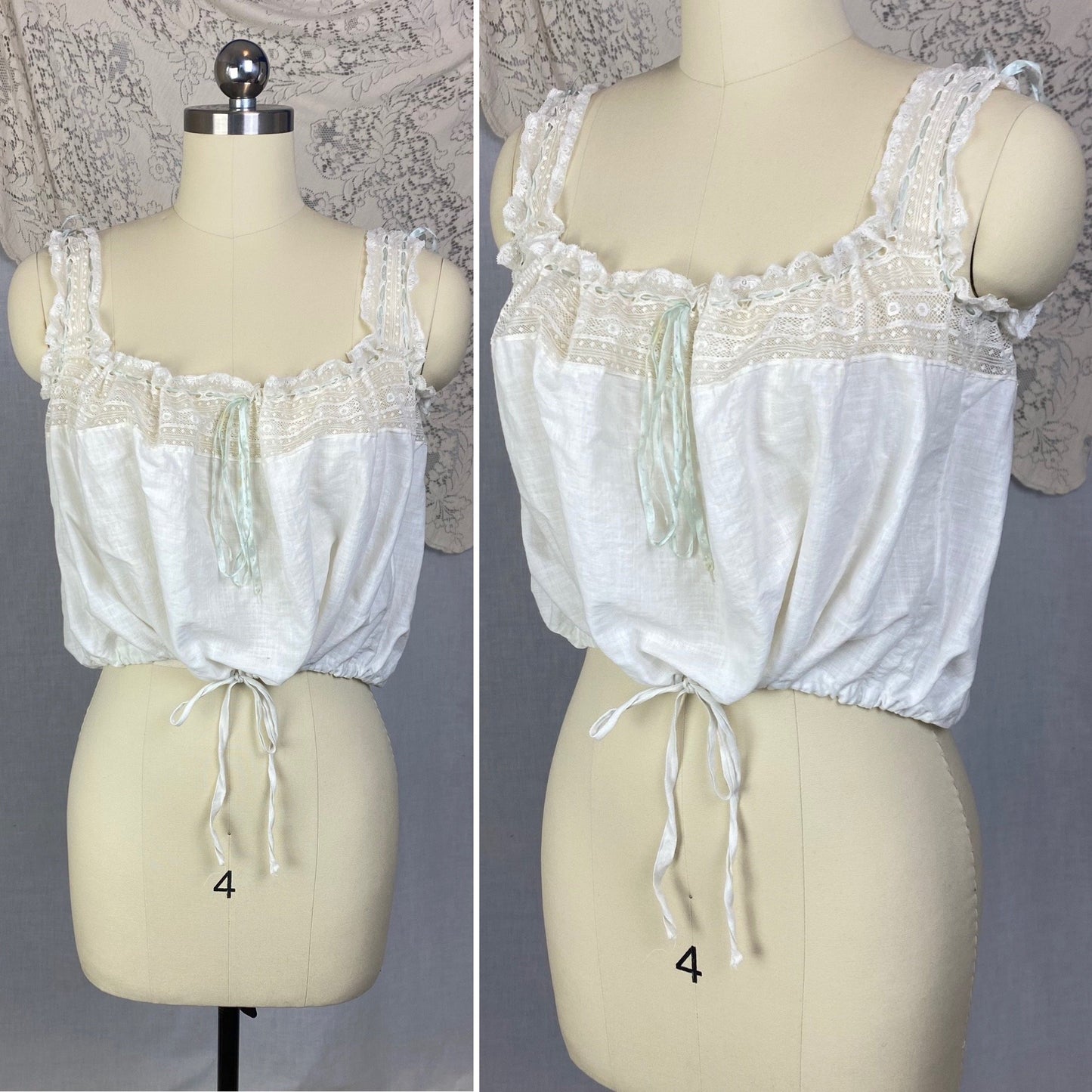 Antique 1910's Edwardian Corset Cover | White Cotton Lawn with Ruffled Lace & Pale Blue Silk Ribbon | Size XS, S - Daggers & Dames