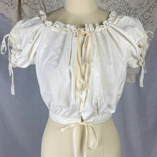 Antique 1910's Edwardian Corset Cover | White Cotton with Ruffled Lace Edges & Puffed Sleeves | Size XS, S - Daggers & Dames