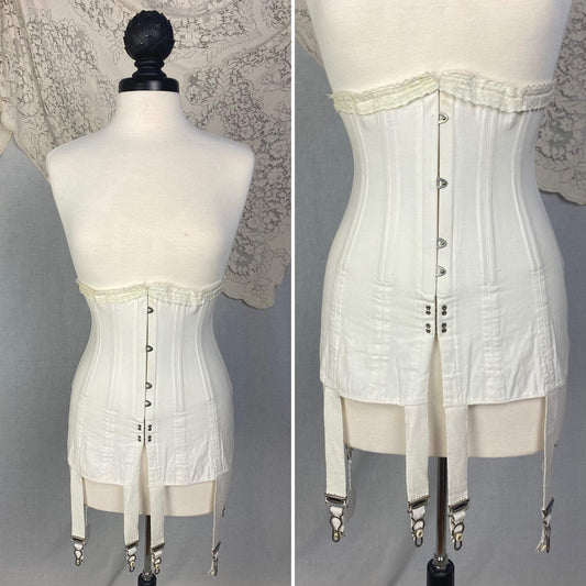 Antique 1910's Edwardian Corset | Crisp White Cotton with Embroidered Underbust & Garters | Size 27 Waist | Kabo Corset Co. - Daggers & Dames