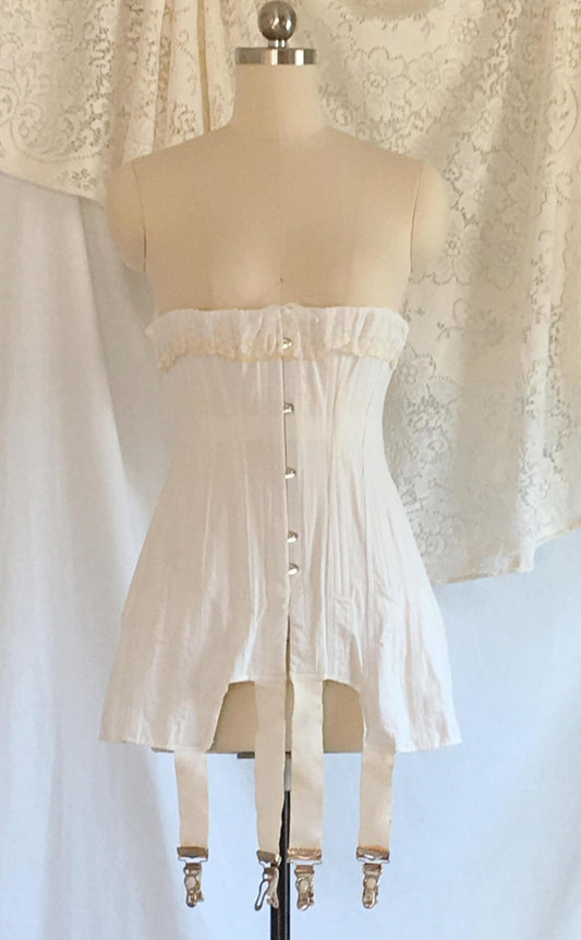 Antique 1910's Edwardian Corset with Original Box | White Cotton with Gold Embroidery | S Bend | Size 24 - Daggers & Dames