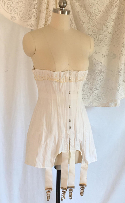 Antique 1910's Edwardian Corset with Original Box | White Cotton with Gold Embroidery | S Bend | Size 24 - Daggers & Dames