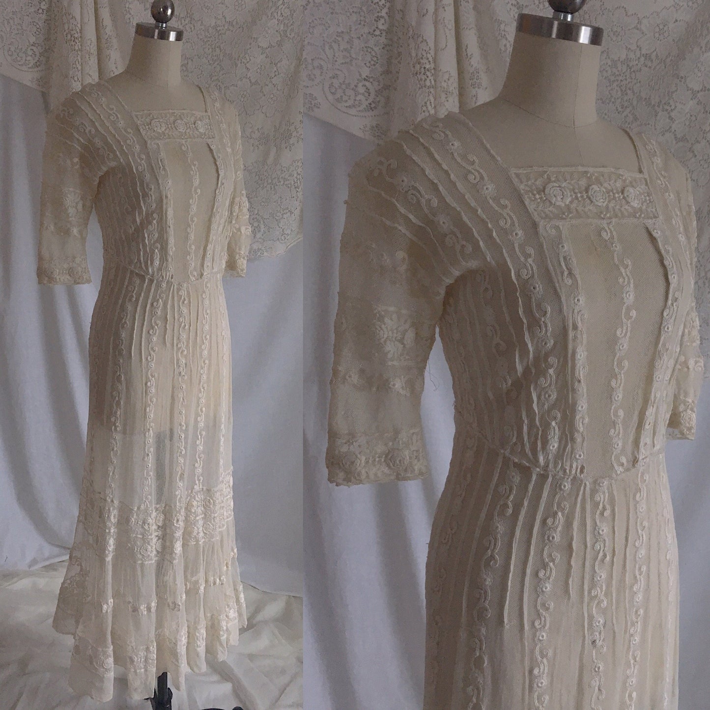 Antique 1910's Edwardian Dress | Ivory Tambour Embroidered Lace Tulle with Mermaid Skirt | Size XS, S - Daggers & Dames