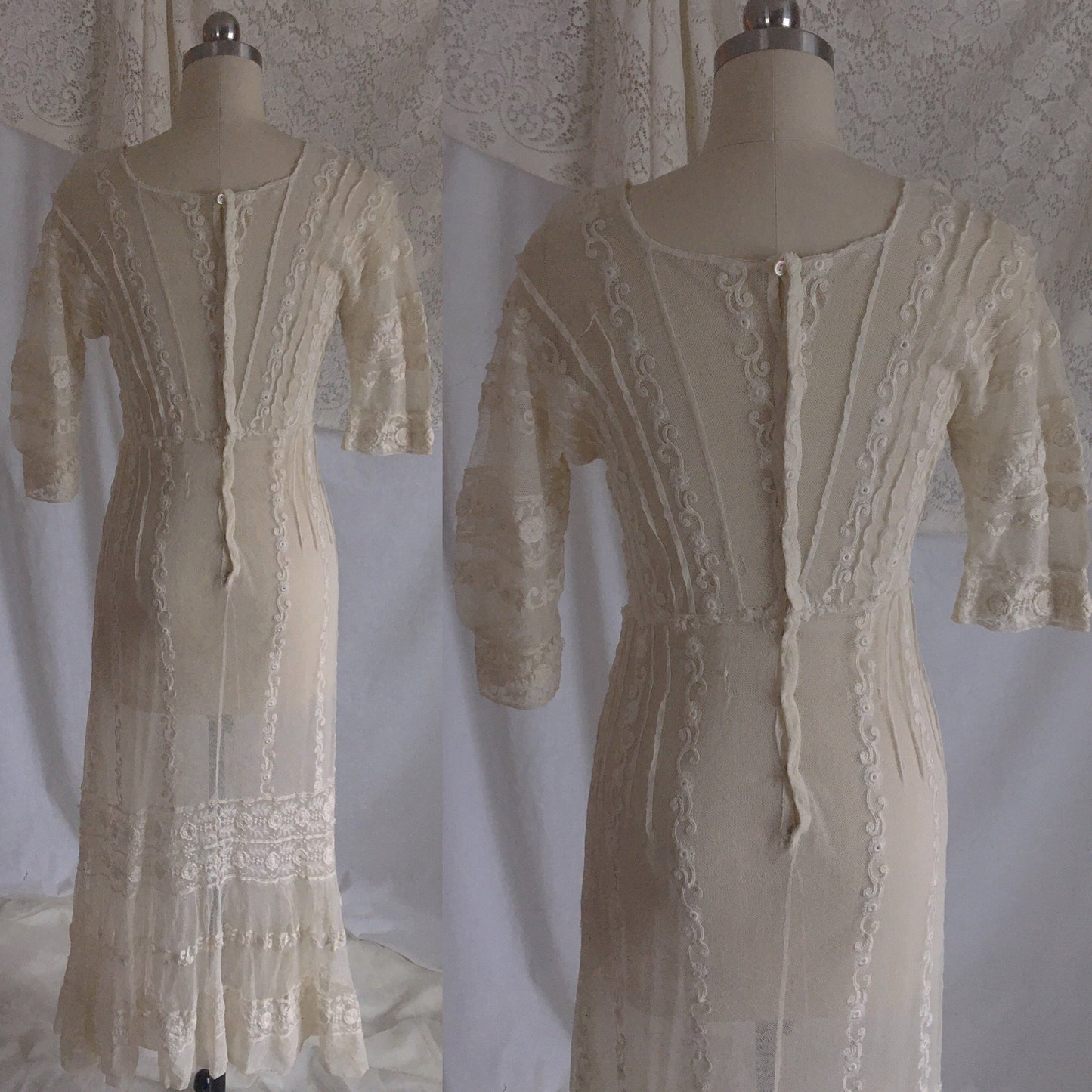 Antique 1910's Edwardian Dress | Ivory Tambour Embroidered Lace Tulle with Mermaid Skirt | Size XS, S - Daggers & Dames