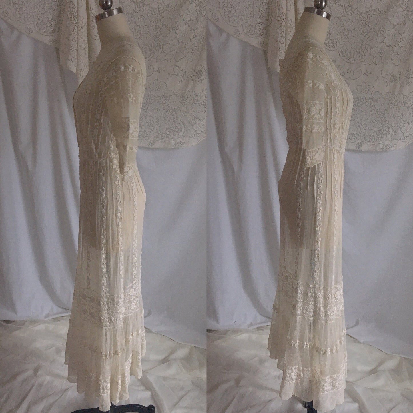 Antique 1910's Edwardian Dress | Ivory Tambour Embroidered Lace Tulle with Mermaid Skirt | Size XS, S - Daggers & Dames