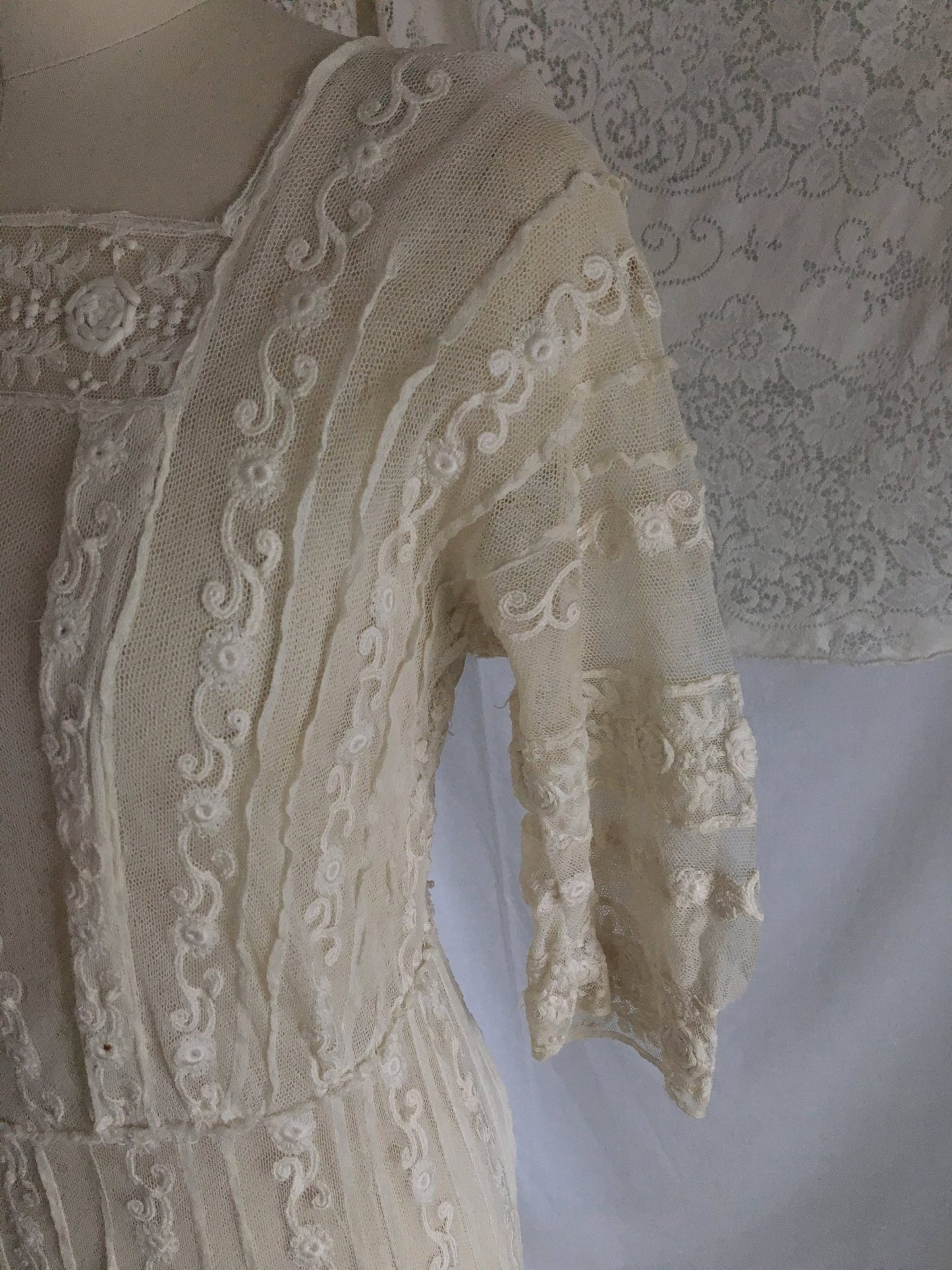 Antique 1910's Edwardian Dress | Ivory Tambour Embroidered Lace Tulle with Mermaid Skirt | Size XS, S - Daggers & Dames