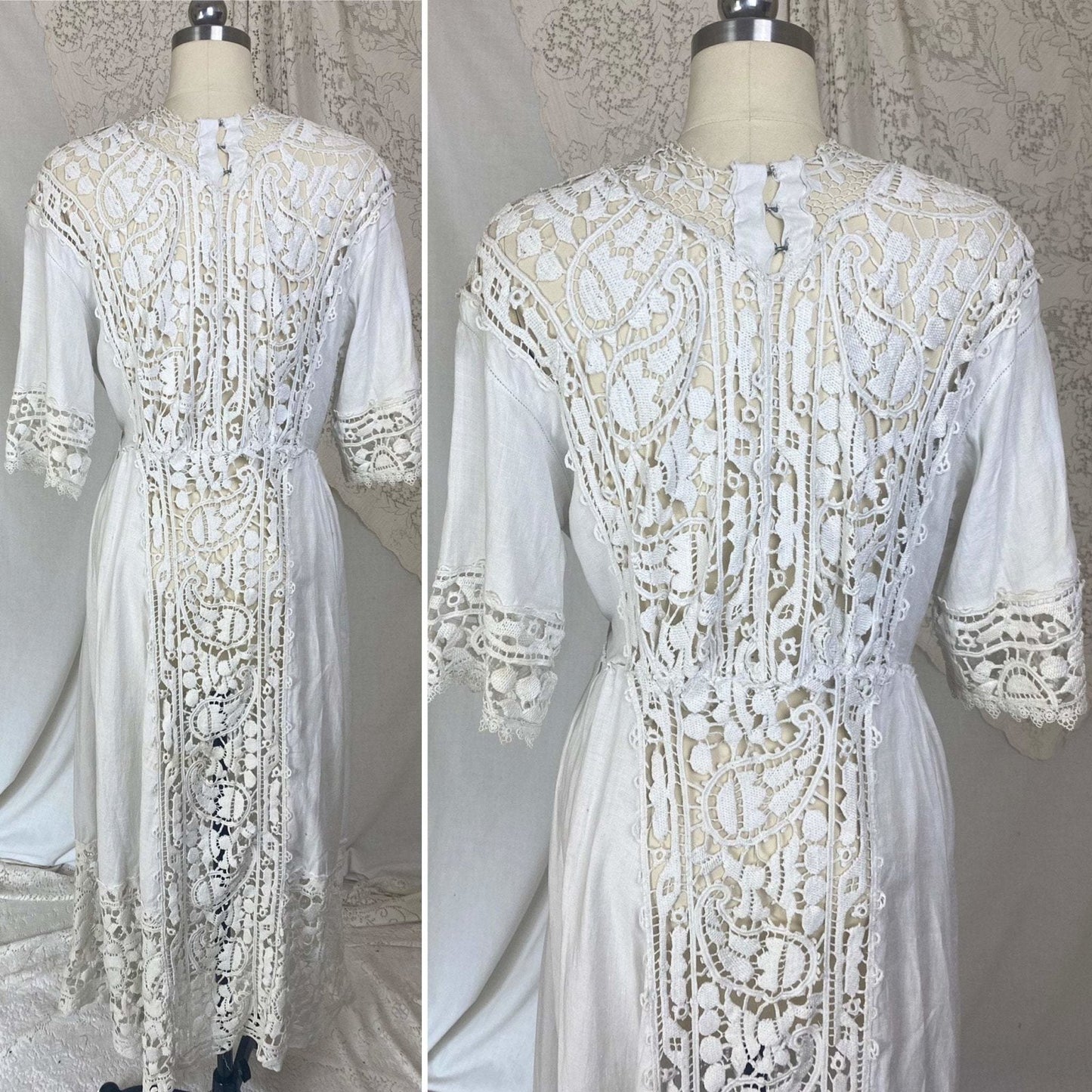 Antique 1910's Edwardian Dress | White Cotton Linen with Paisley Crochet Lace | Size S, M - Daggers & Dames