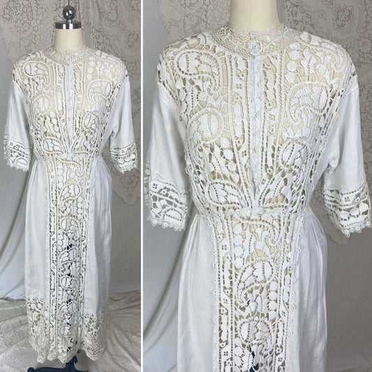 Antique 1910's Edwardian Dress | White Cotton Linen with Paisley Crochet Lace | Size S, M - Daggers & Dames