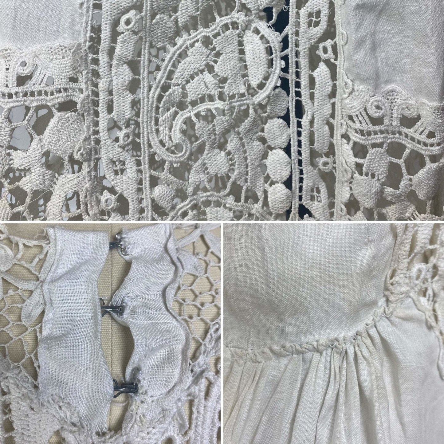 Antique 1910's Edwardian Dress | White Cotton Linen with Paisley Crochet Lace | Size S, M - Daggers & Dames