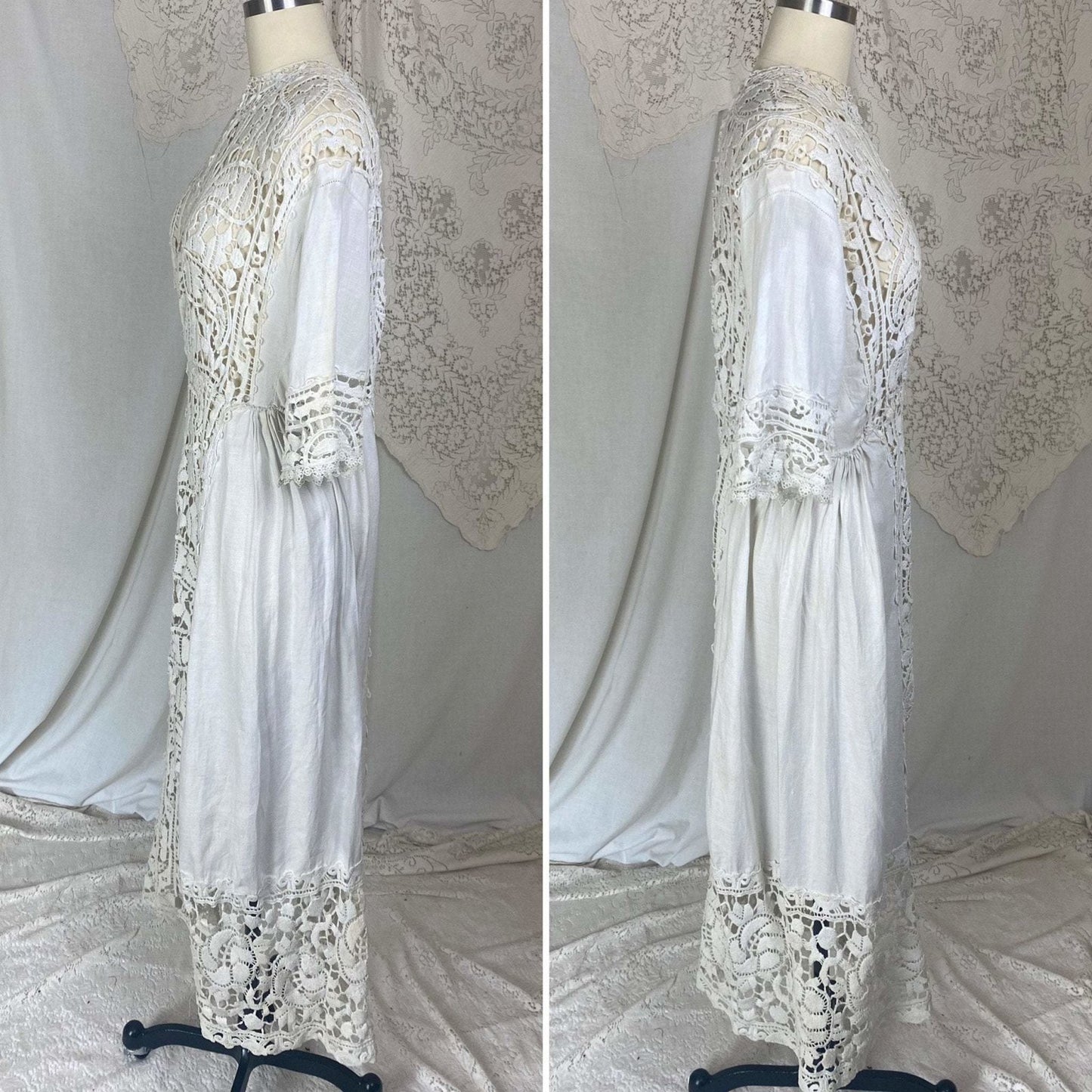 Antique 1910's Edwardian Dress | White Cotton Linen with Paisley Crochet Lace | Size S, M - Daggers & Dames