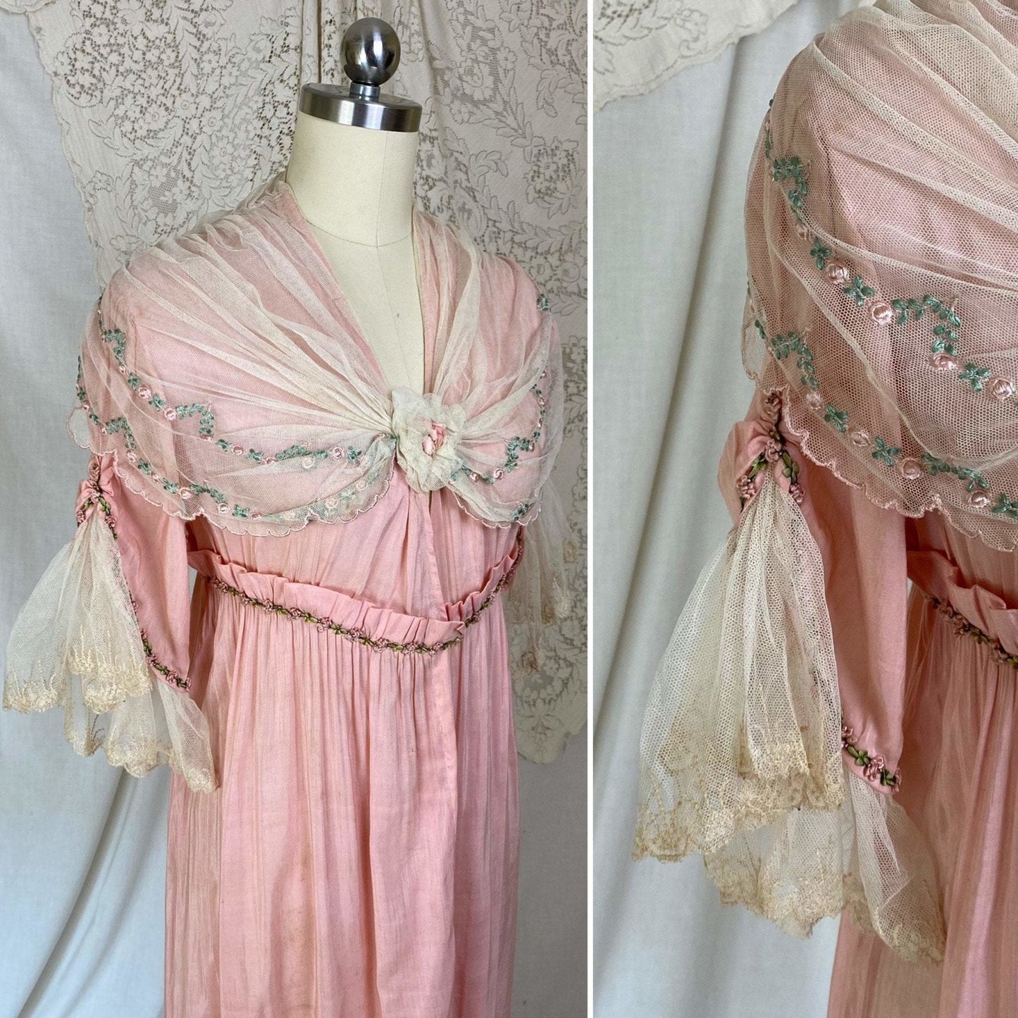 Antique 1910's Edwardian Dressing Gown Robe | Tea Rose Pink Cotton with Embroidered Ruffled Tulle | Size XS - Daggers & Dames