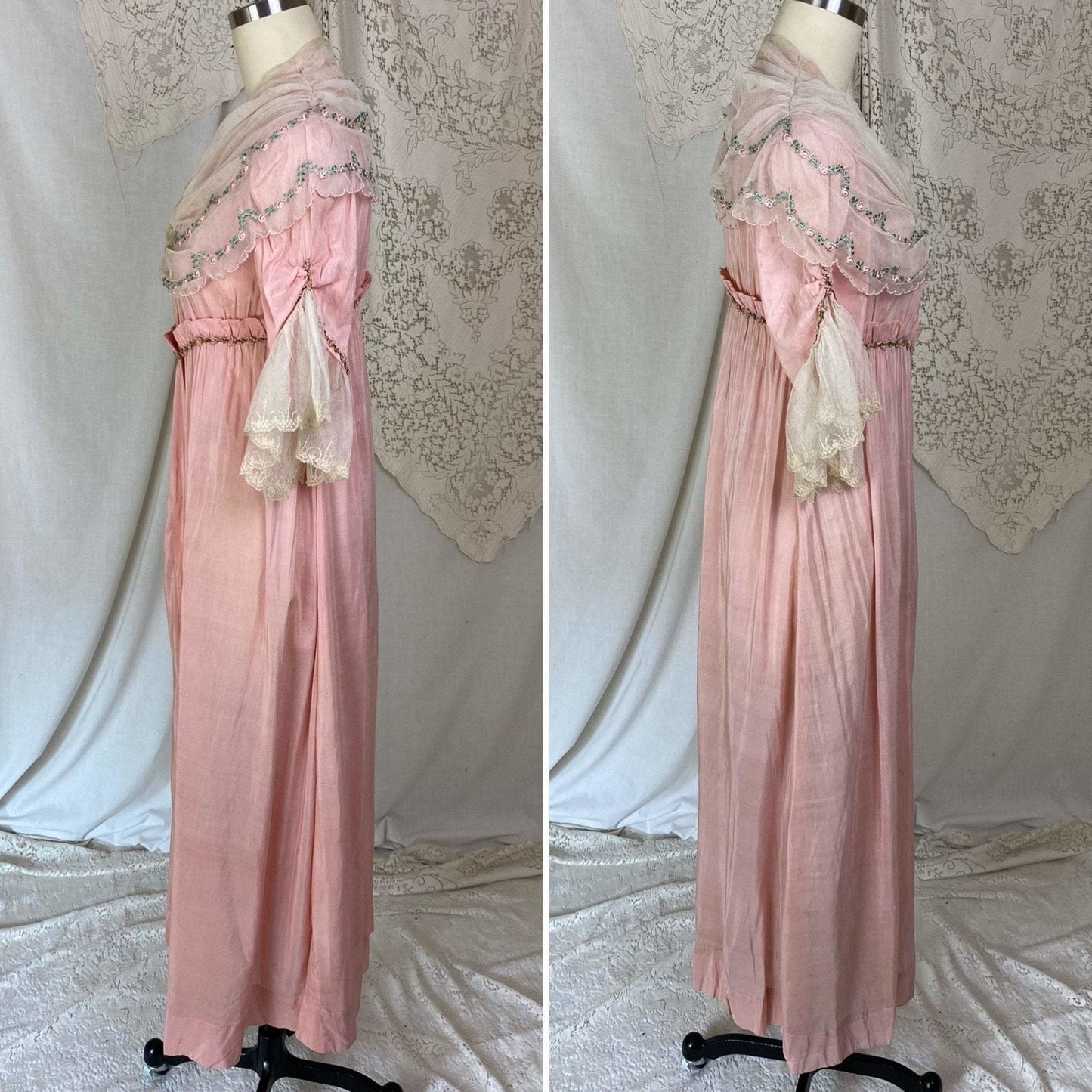 Antique 1910's Edwardian Dressing Gown Robe | Tea Rose Pink Cotton with Embroidered Ruffled Tulle | Size XS - Daggers & Dames