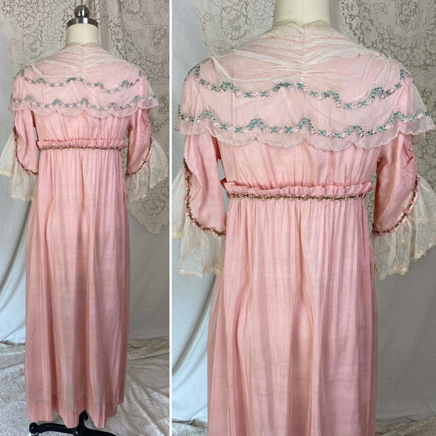 Antique 1910's Edwardian Dressing Gown Robe | Tea Rose Pink Cotton with Embroidered Ruffled Tulle | Size XS - Daggers & Dames