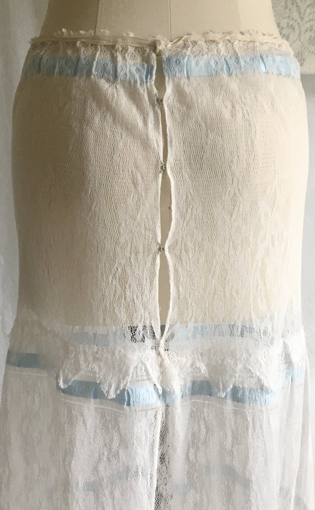 Antique 1910's Edwardian Lingerie Skirt | Size SM | Sheer White Chantilly Lace & Blue Satin Ribbon Trim - Daggers & Dames