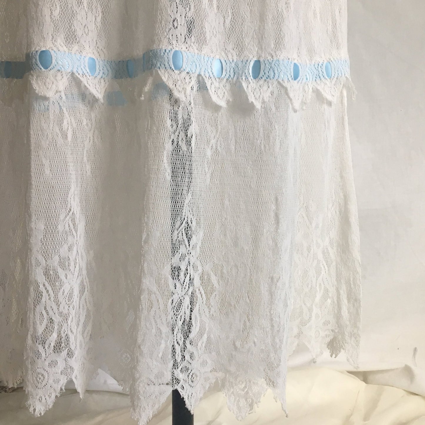 Antique 1910's Edwardian Lingerie Skirt | Size SM | Sheer White Chantilly Lace & Blue Satin Ribbon Trim - Daggers & Dames