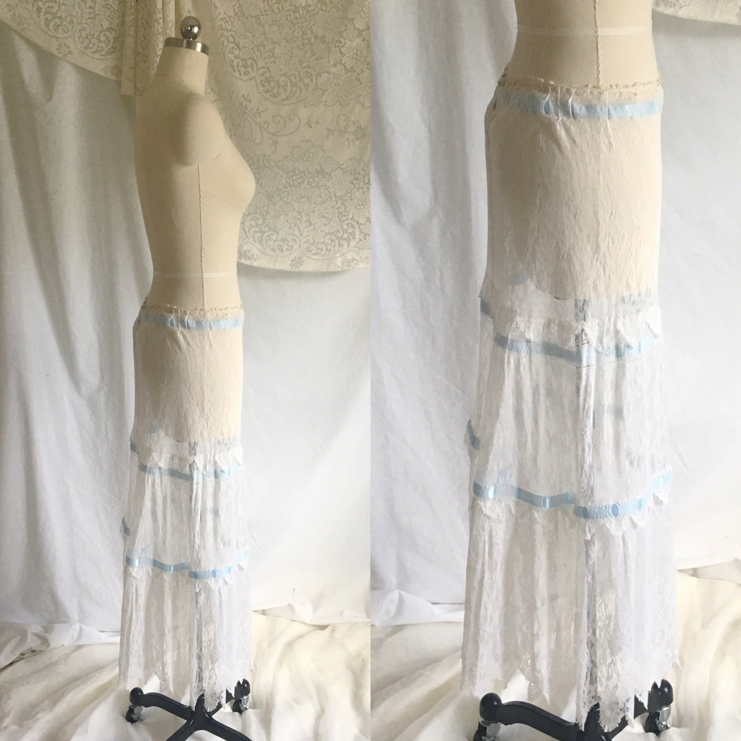 Antique 1910's Edwardian Lingerie Skirt | Size SM | Sheer White Chantilly Lace & Blue Satin Ribbon Trim - Daggers & Dames