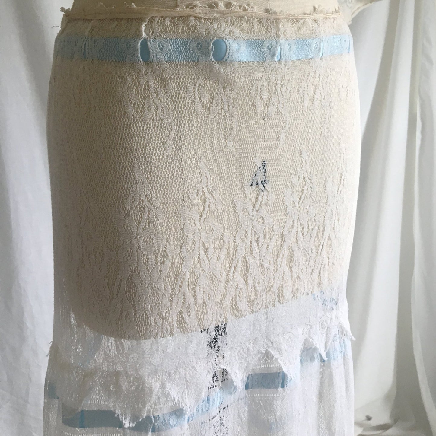 Antique 1910's Edwardian Lingerie Skirt | Size SM | Sheer White Chantilly Lace & Blue Satin Ribbon Trim - Daggers & Dames