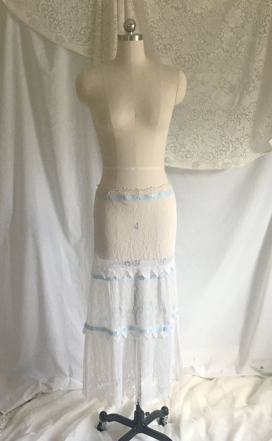 Antique 1910's Edwardian Lingerie Skirt | Size SM | Sheer White Chantilly Lace & Blue Satin Ribbon Trim - Daggers & Dames