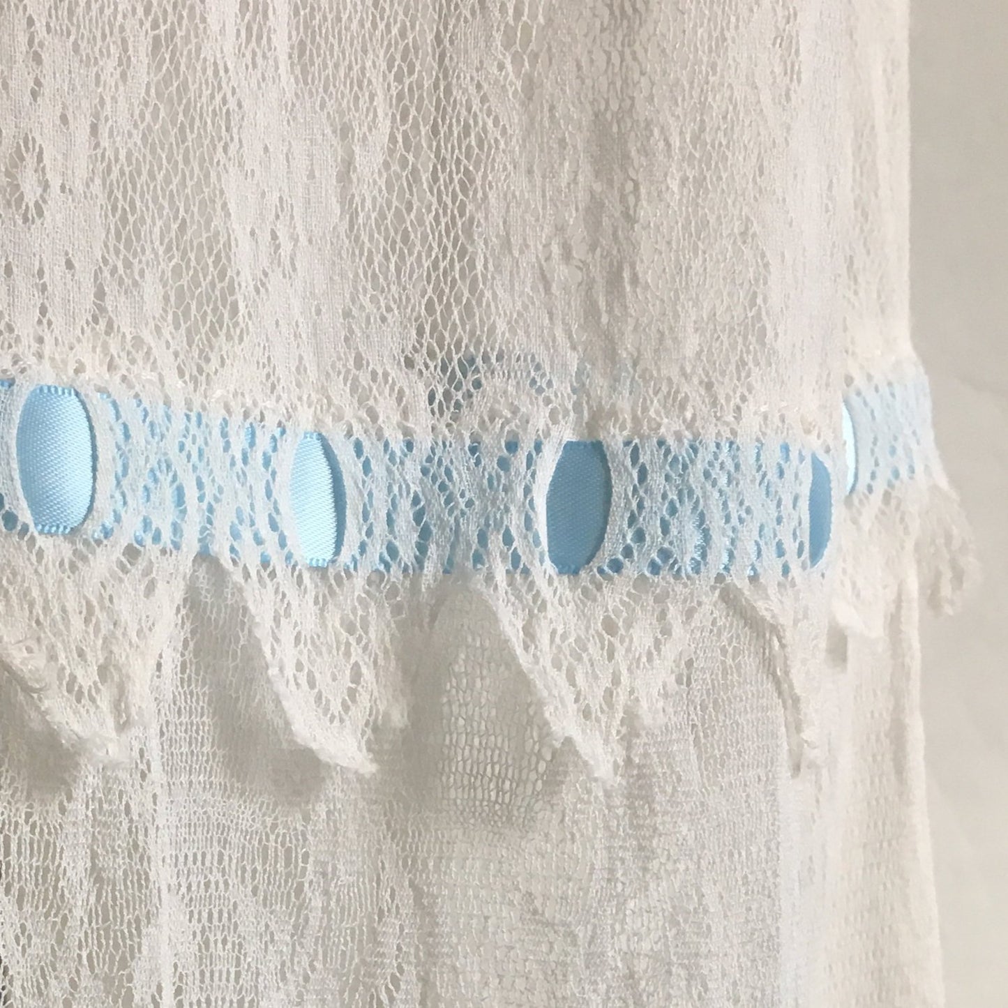 Antique 1910's Edwardian Lingerie Skirt | Size SM | Sheer White Chantilly Lace & Blue Satin Ribbon Trim - Daggers & Dames