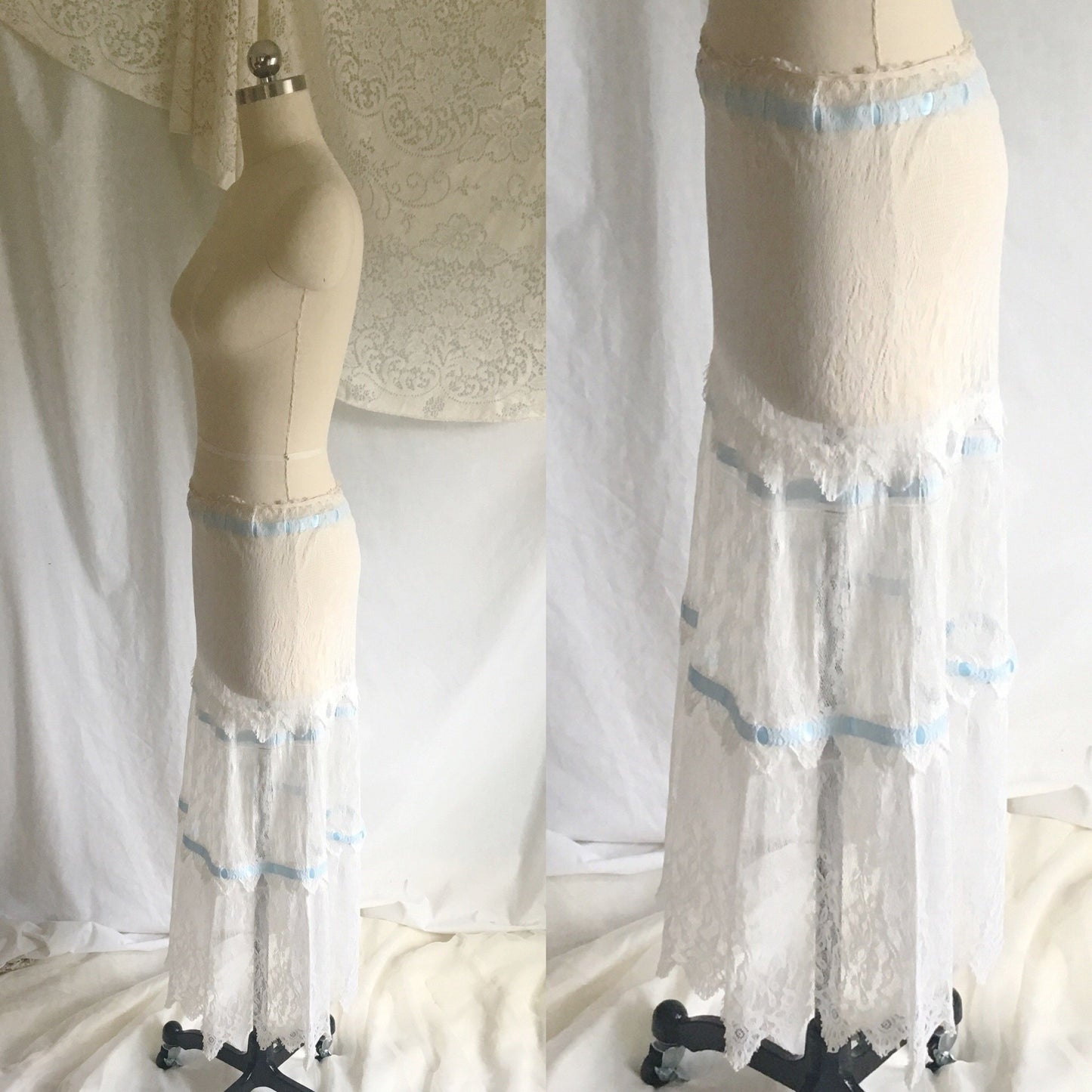 Antique 1910's Edwardian Lingerie Skirt | Size SM | Sheer White Chantilly Lace & Blue Satin Ribbon Trim - Daggers & Dames
