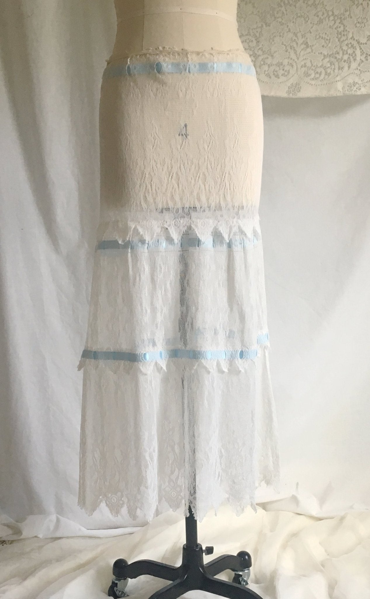 Antique 1910's Edwardian Lingerie Skirt | Size SM | Sheer White Chantilly Lace & Blue Satin Ribbon Trim - Daggers & Dames