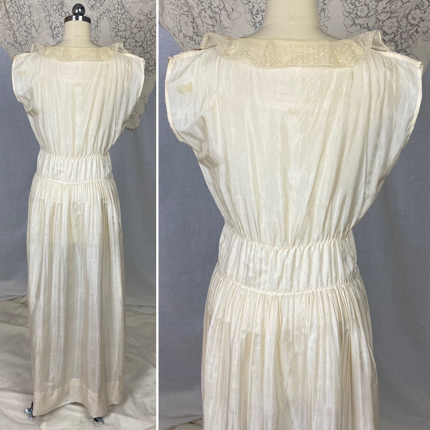 Antique 1910's Edwardian Negligee Nightgown | Ivory Tissue Silk with Ruffled Embroidered Tulle Lace | Size S, M - Daggers & Dames
