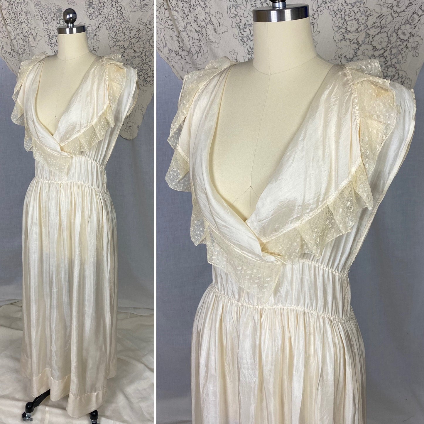 Antique 1910's Edwardian Negligee Nightgown | Ivory Tissue Silk with Ruffled Embroidered Tulle Lace | Size S, M - Daggers & Dames