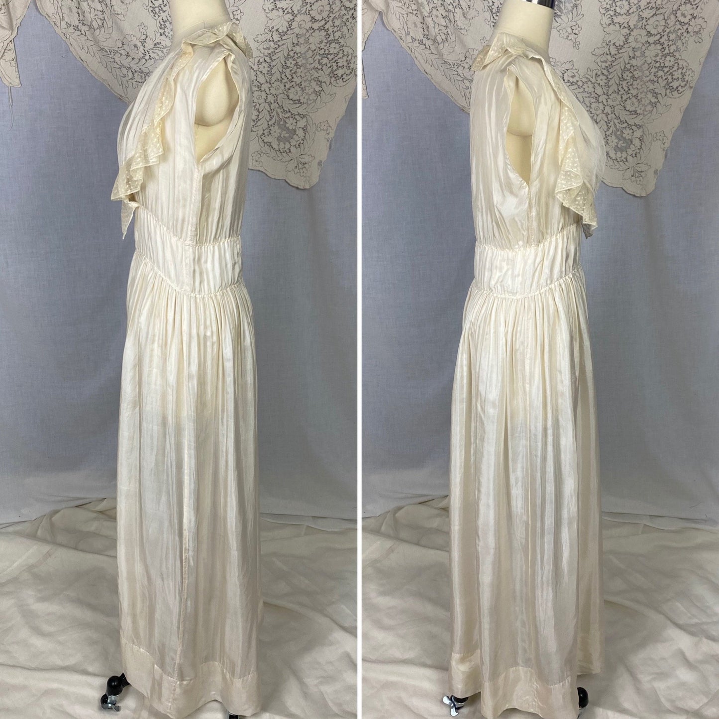 Antique 1910's Edwardian Negligee Nightgown | Ivory Tissue Silk with Ruffled Embroidered Tulle Lace | Size S, M - Daggers & Dames