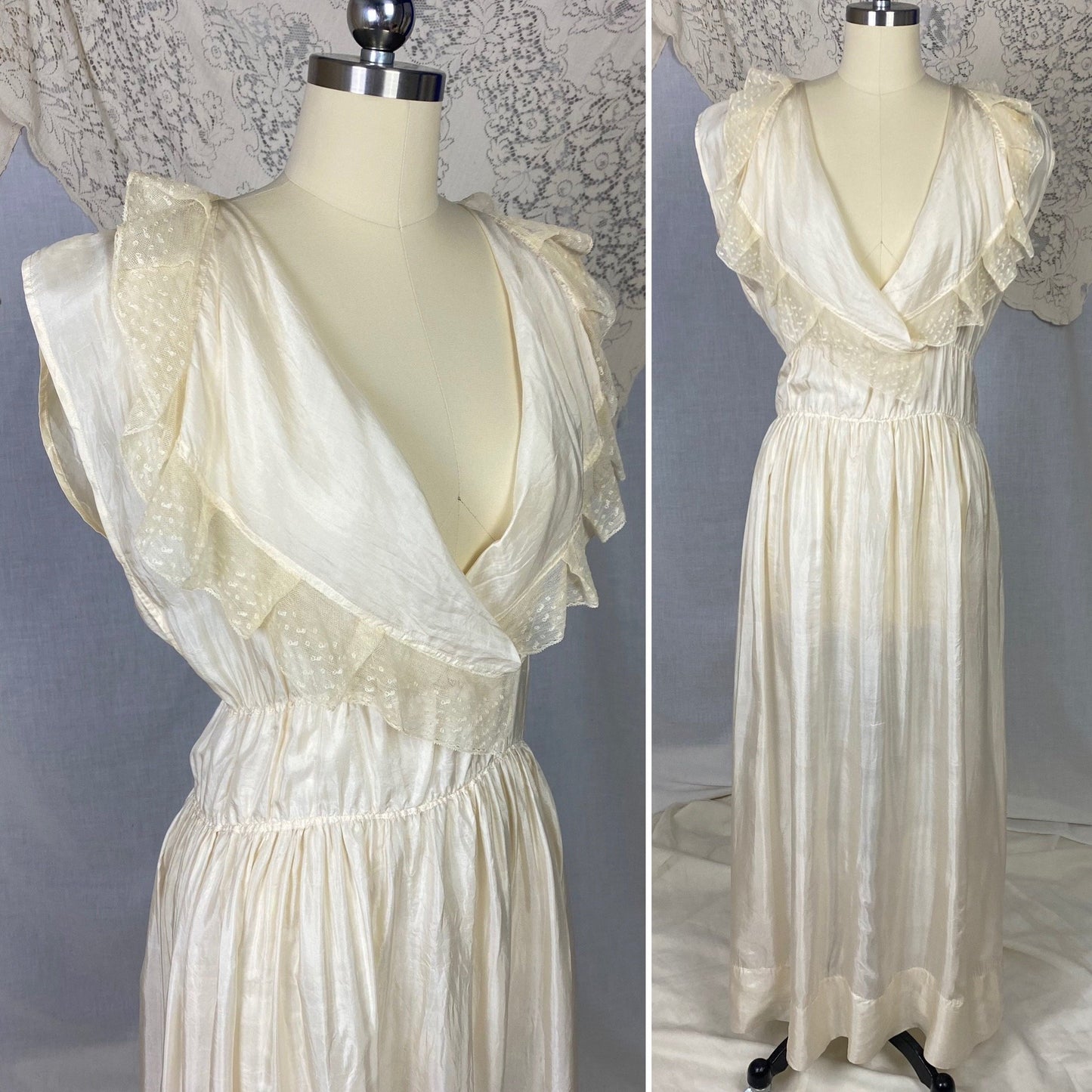 Antique 1910's Edwardian Negligee Nightgown | Ivory Tissue Silk with Ruffled Embroidered Tulle Lace | Size S, M - Daggers & Dames
