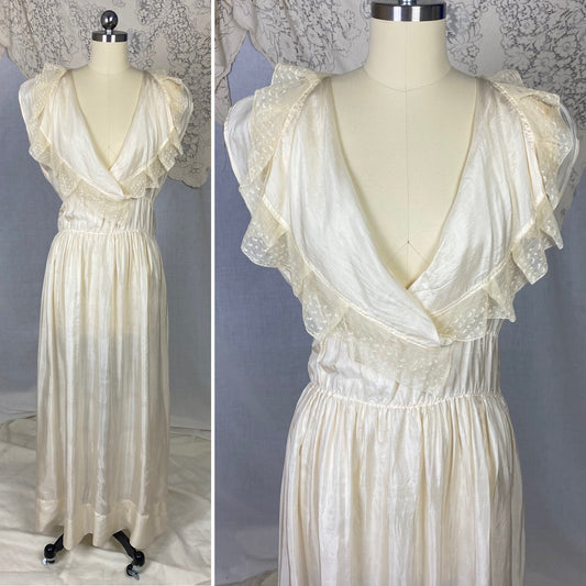 Antique 1910's Edwardian Negligee Nightgown | Ivory Tissue Silk with Ruffled Embroidered Tulle Lace | Size S, M - Daggers & Dames