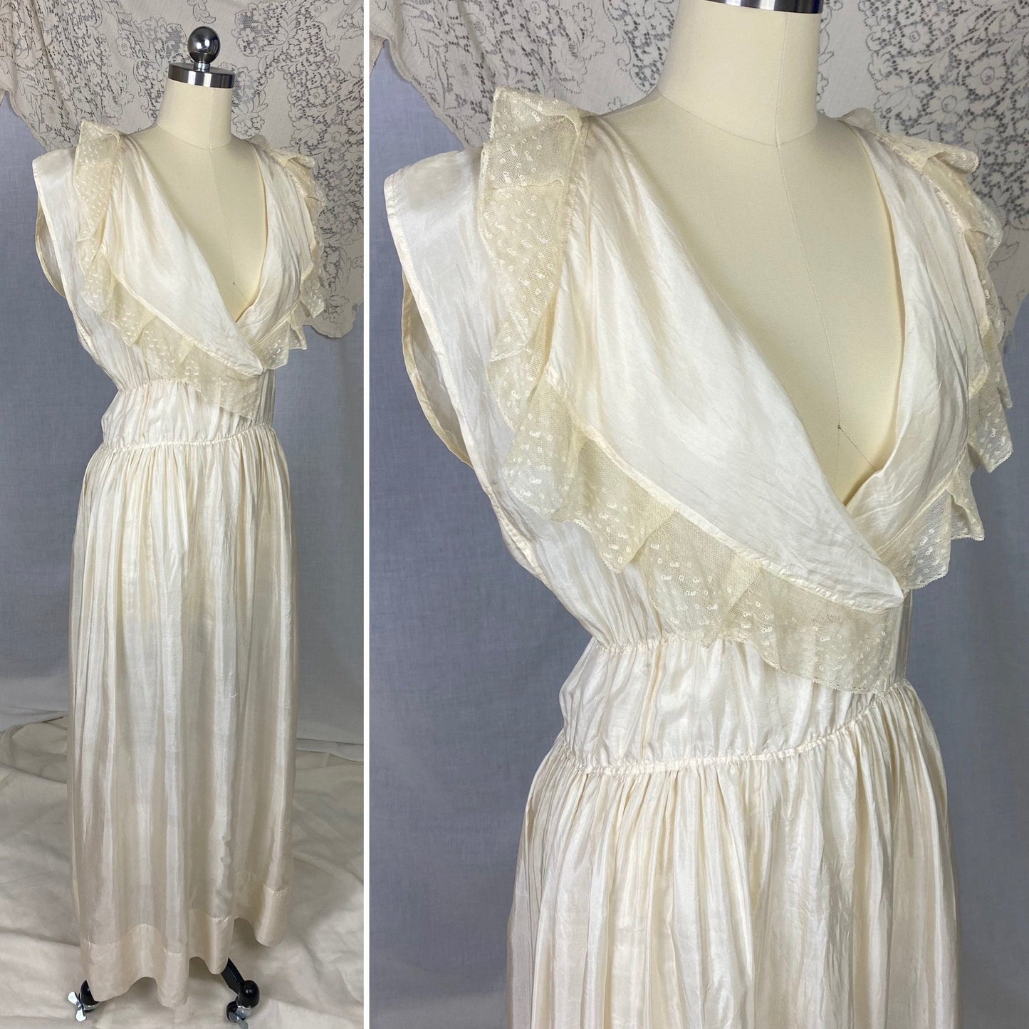 Antique 1910's Edwardian Negligee Nightgown | Ivory Tissue Silk with Ruffled Embroidered Tulle Lace | Size S, M - Daggers & Dames