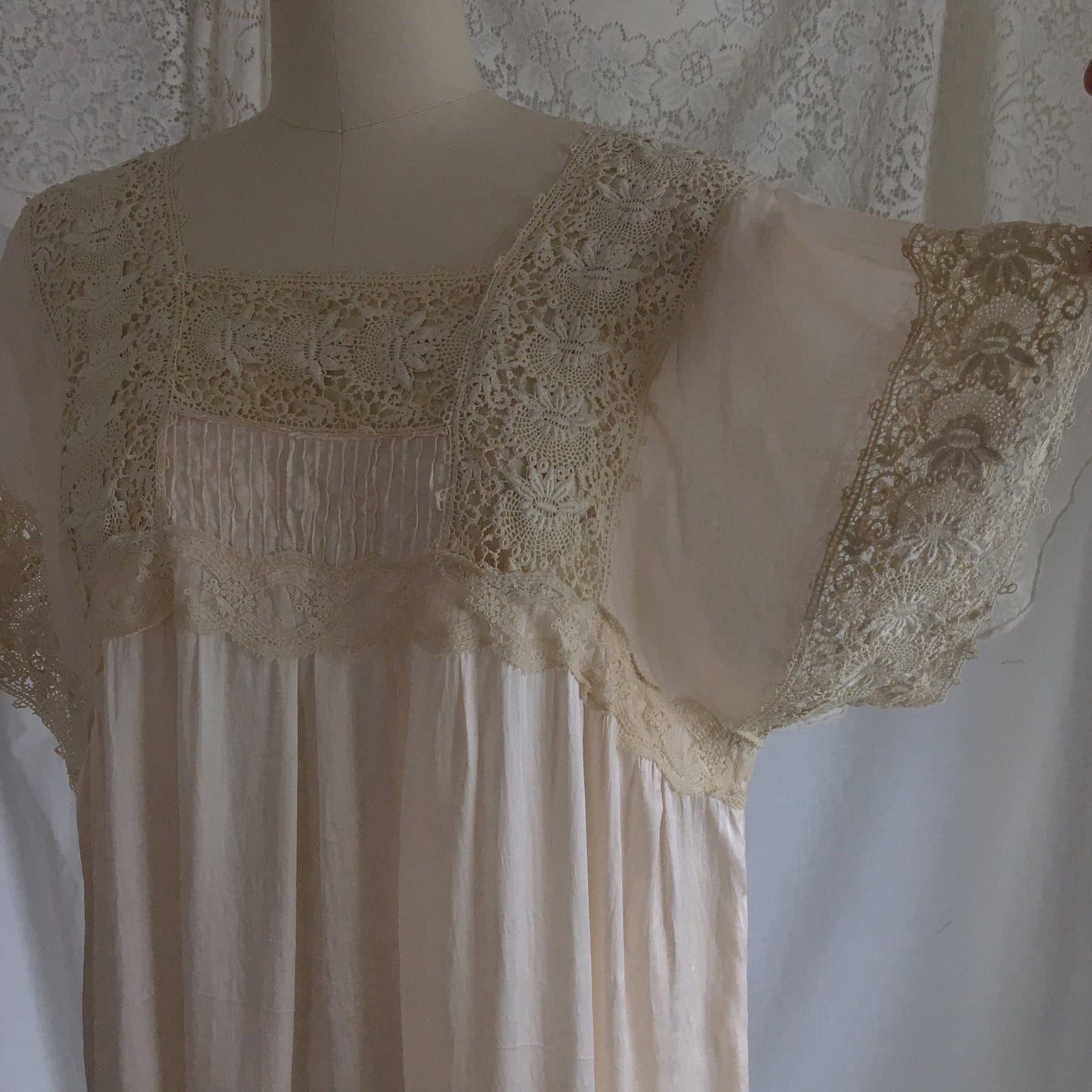 Antique 1910's Edwardian Nightgown | Palest Pink Silk with Irish Crochet Lace | Size SM, M, LG - Daggers & Dames