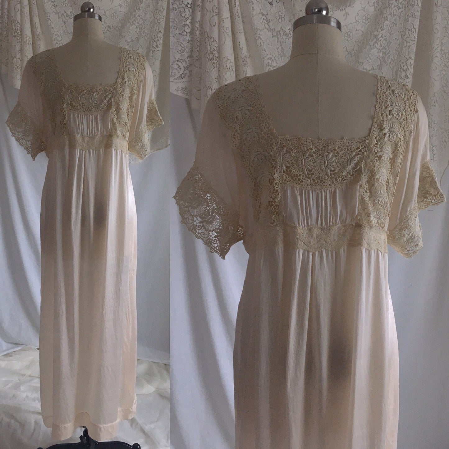 Antique 1910's Edwardian Nightgown | Palest Pink Silk with Irish Crochet Lace | Size SM, M, LG - Daggers & Dames