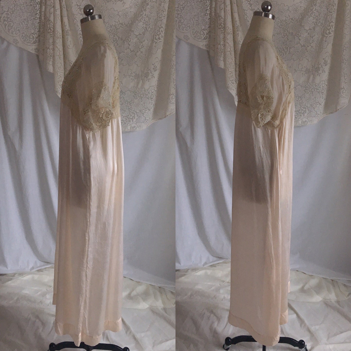 Antique 1910's Edwardian Nightgown | Palest Pink Silk with Irish Crochet Lace | Size SM, M, LG - Daggers & Dames