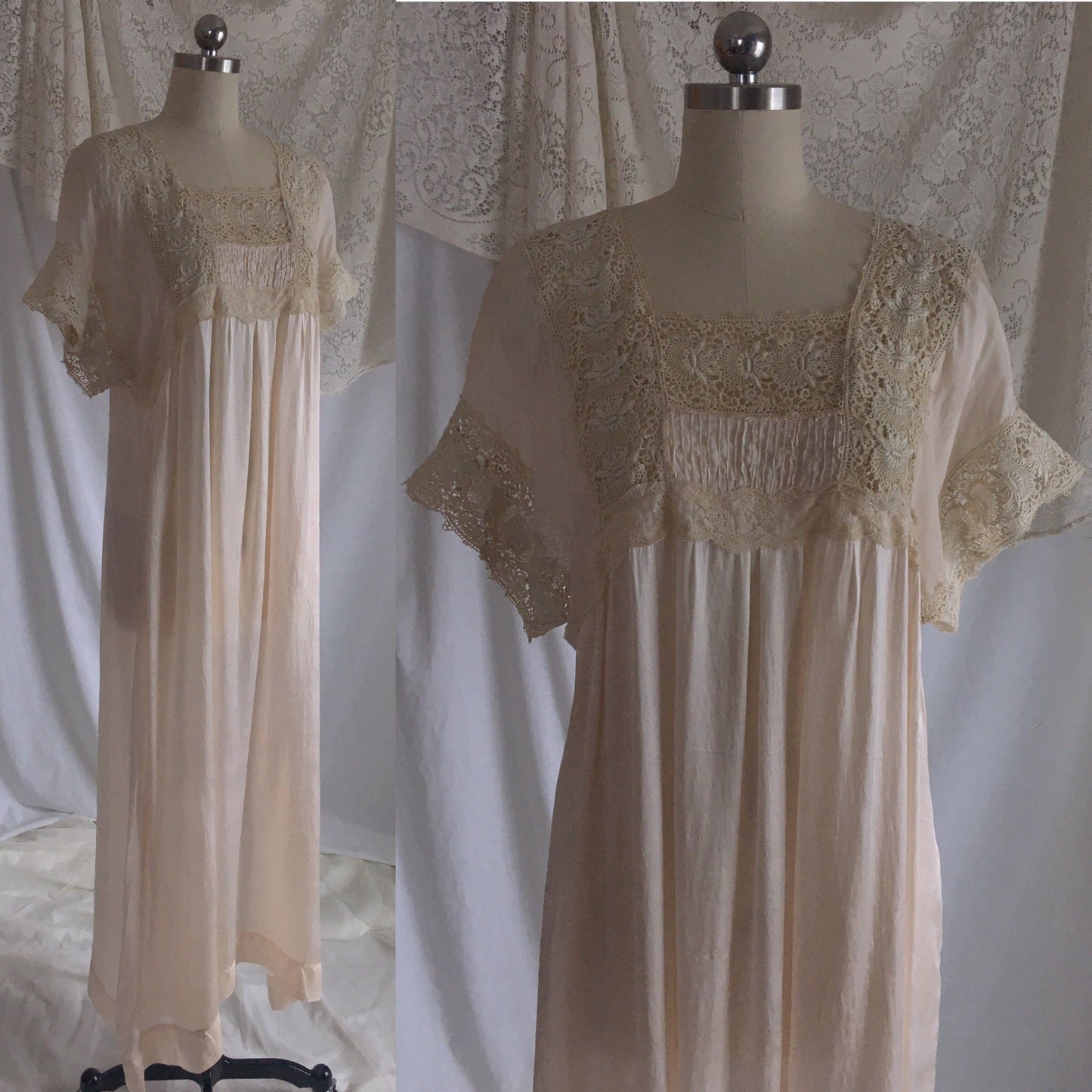 Antique 1910's Edwardian Nightgown | Palest Pink Silk with Irish Crochet Lace | Size SM, M, LG - Daggers & Dames