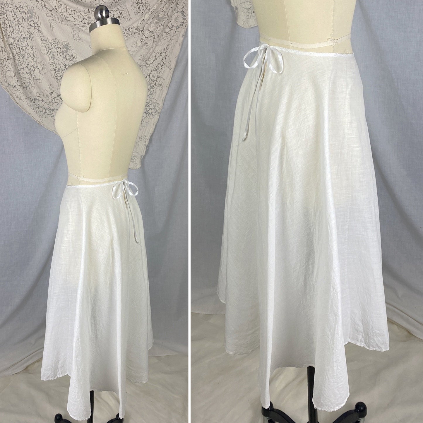 Antique 1910's Edwardian Petticoat | Crisp White Cotton Muslin with Satin Ribbon Tie | Size XS, S - Daggers & Dames