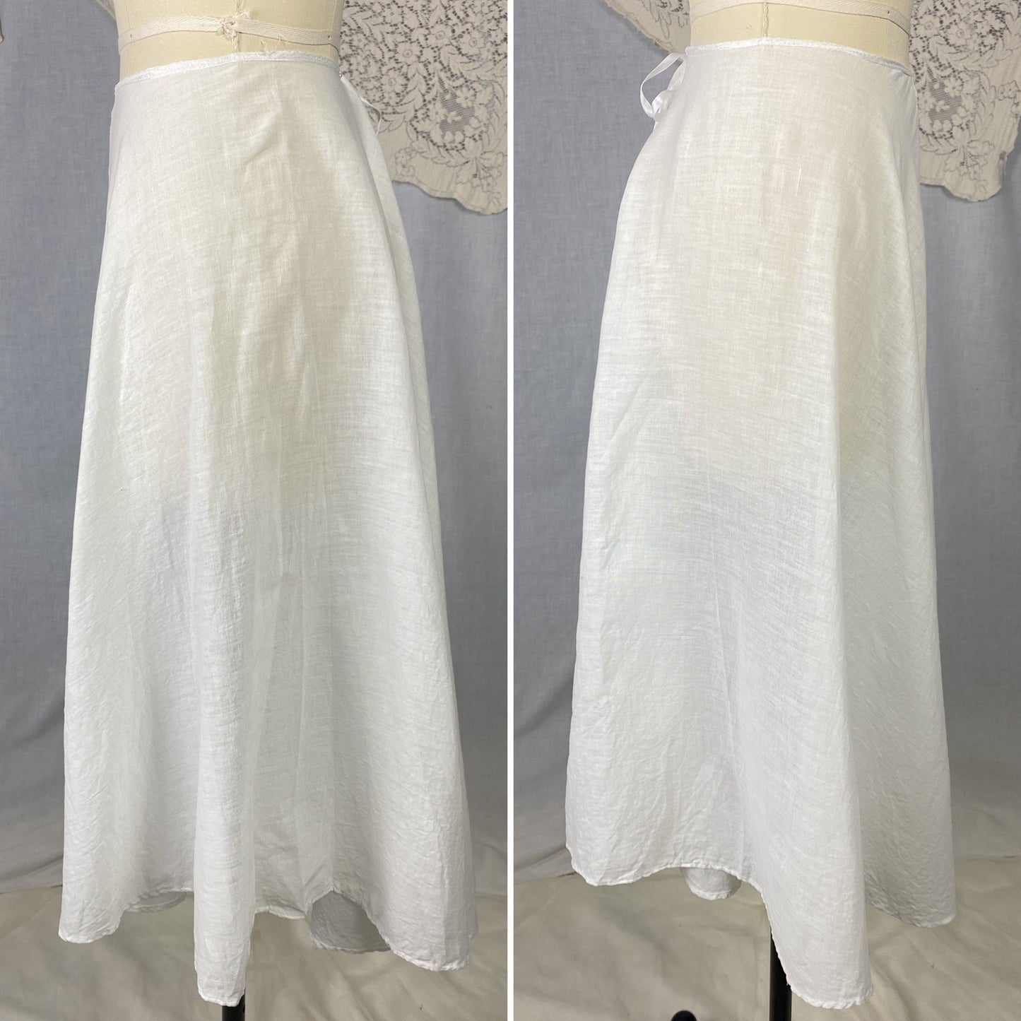 Antique 1910's Edwardian Petticoat | Crisp White Cotton Muslin with Satin Ribbon Tie | Size XS, S - Daggers & Dames