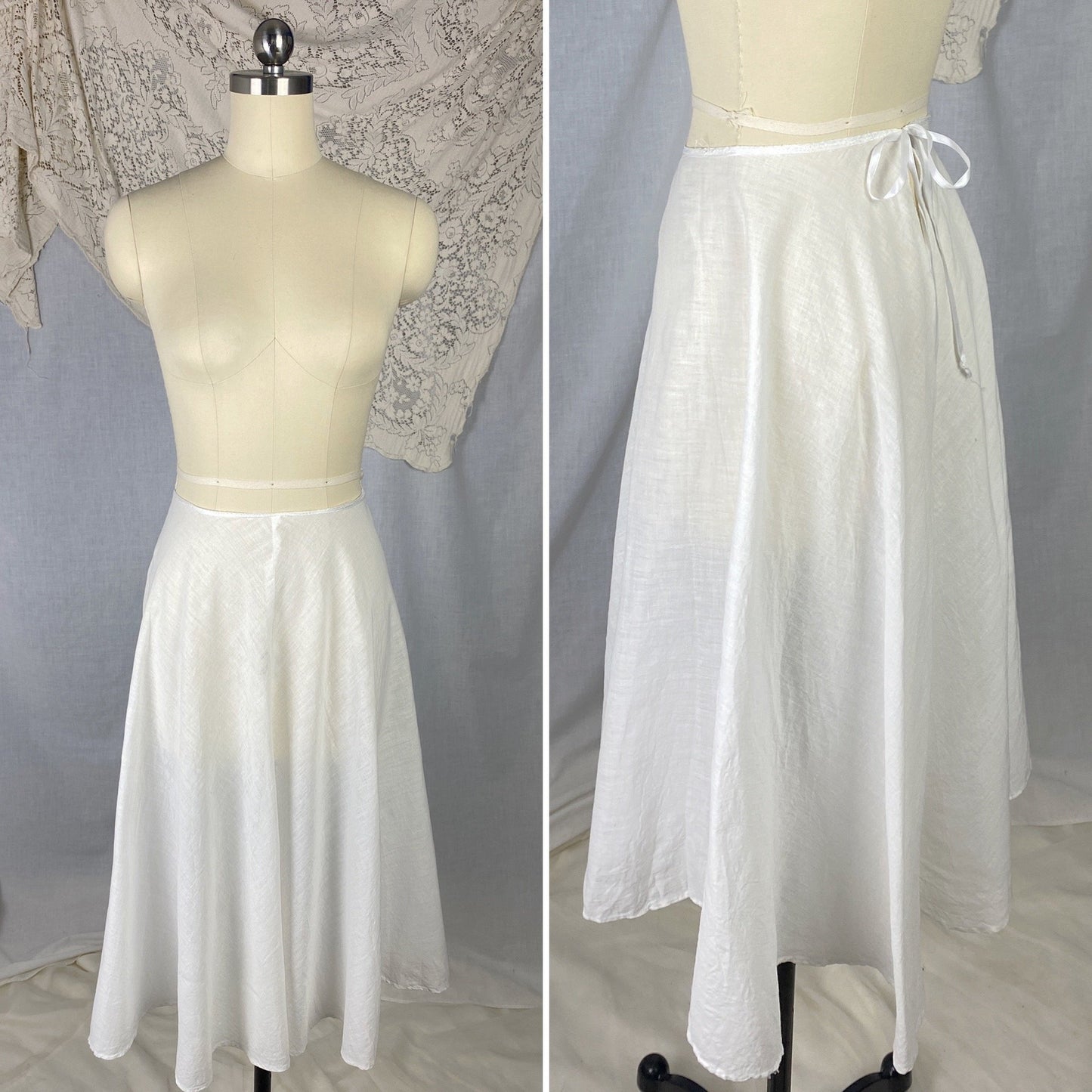 Antique 1910's Edwardian Petticoat | Crisp White Cotton Muslin with Satin Ribbon Tie | Size XS, S - Daggers & Dames