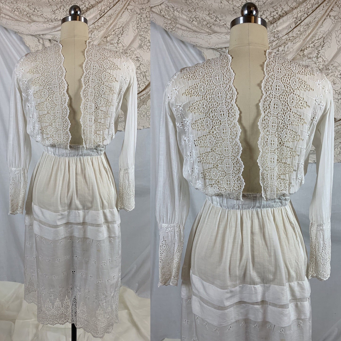Antique 1910's Edwardian Rare Open Back Dress | Soft White Cotton Lawn with Eyelet & Venetian Lace | Size XS - Daggers & Dames