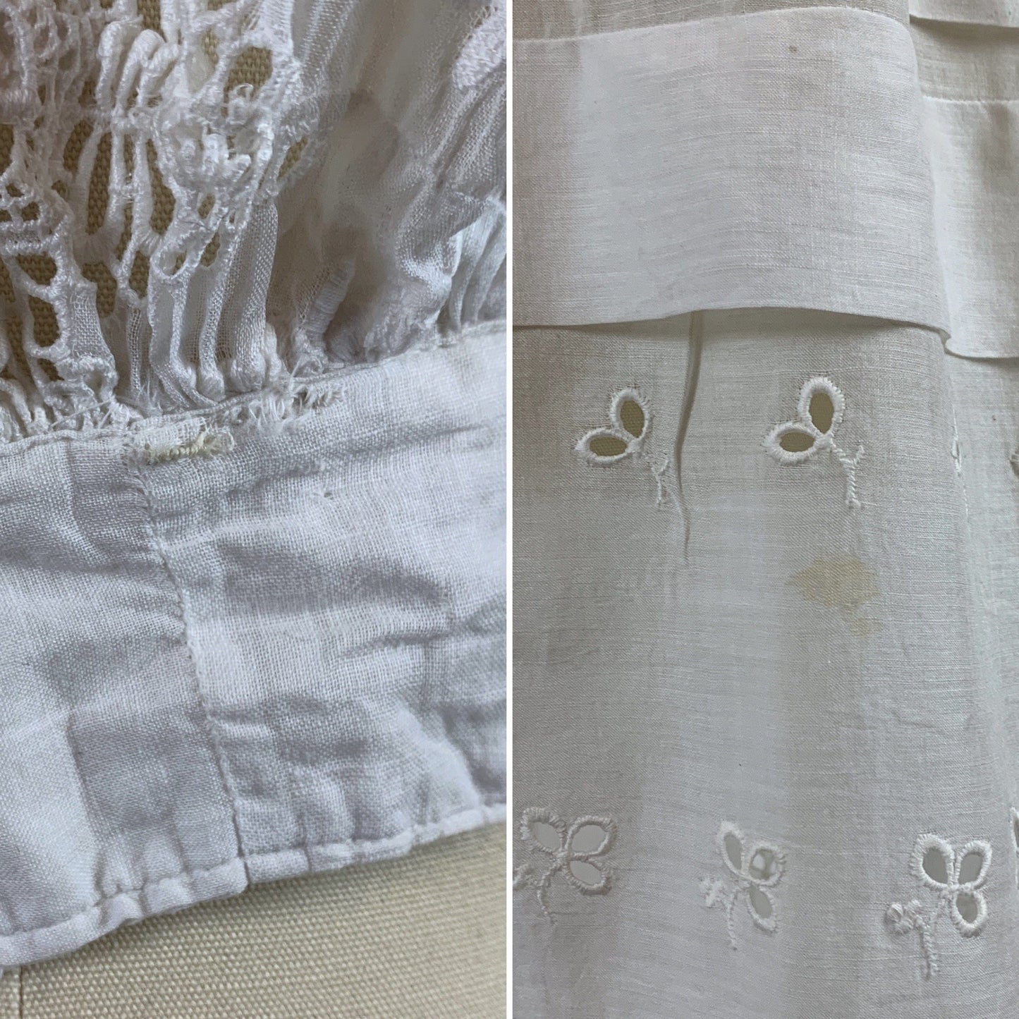Antique 1910's Edwardian Rare Open Back Dress | Soft White Cotton Lawn with Eyelet & Venetian Lace | Size XS - Daggers & Dames
