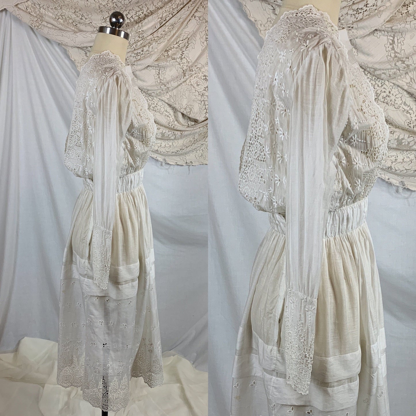 Antique 1910's Edwardian Rare Open Back Dress | Soft White Cotton Lawn with Eyelet & Venetian Lace | Size XS - Daggers & Dames