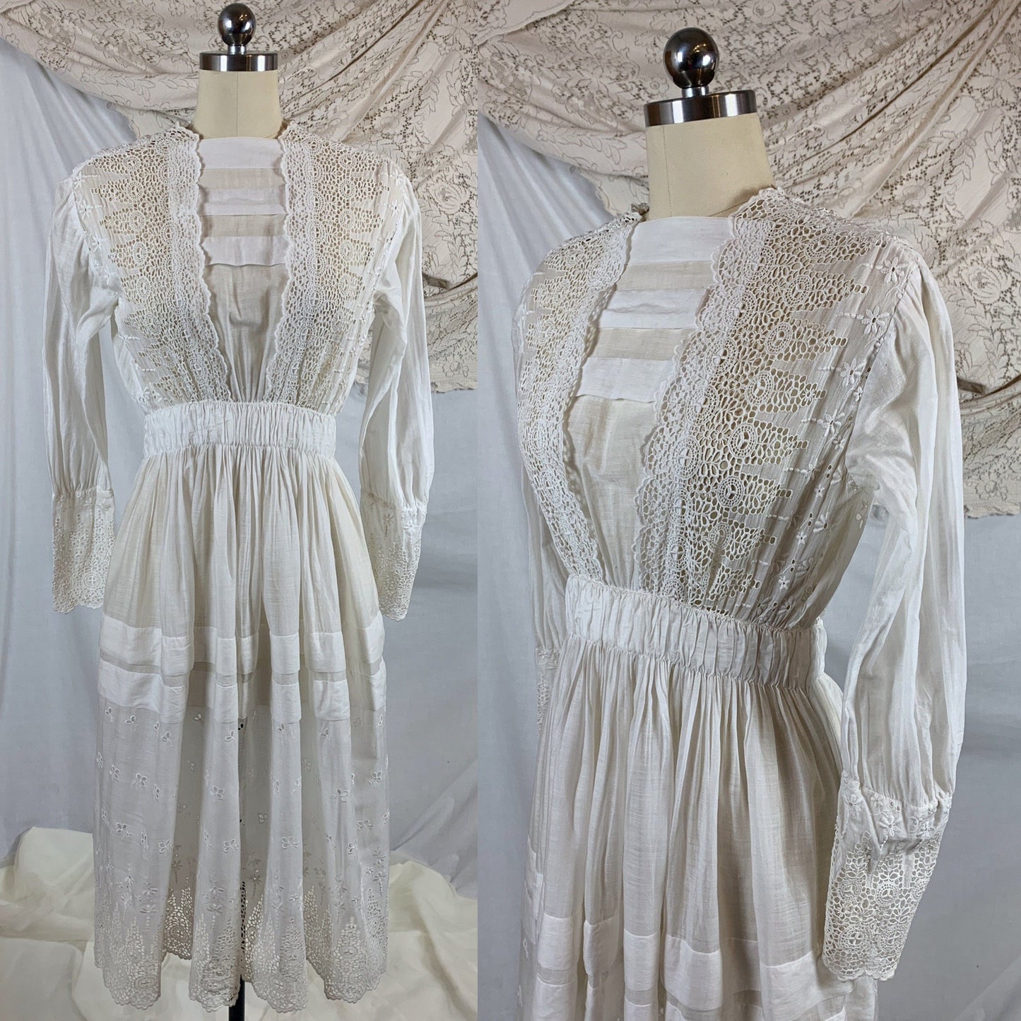 Antique 1910's Edwardian Rare Open Back Dress | Soft White Cotton Lawn with Eyelet & Venetian Lace | Size XS - Daggers & Dames