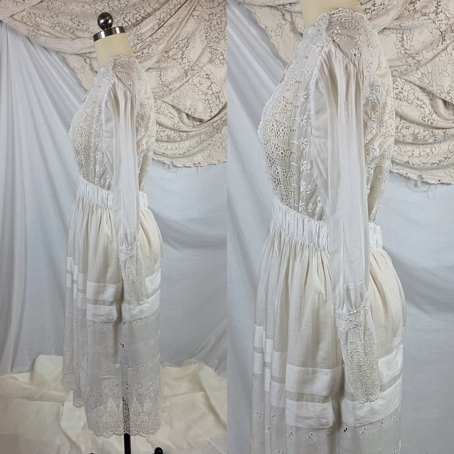 Antique 1910's Edwardian Rare Open Back Dress | Soft White Cotton Lawn with Eyelet & Venetian Lace | Size XS - Daggers & Dames